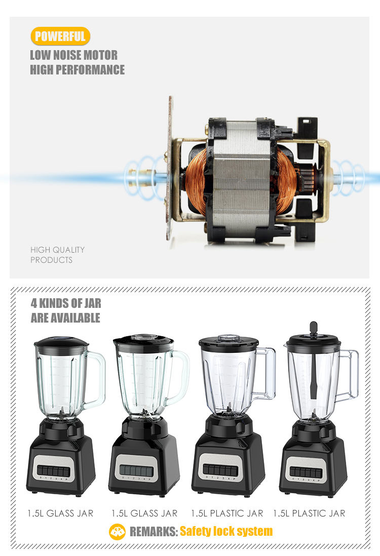 Nouveau pot en plastique 500W 1,5l, pot en verre S/S, quatre vitesses, fonction d'impulsion, bouton clé, panneau de commutation en acier inoxydable, mélangeur de moteur