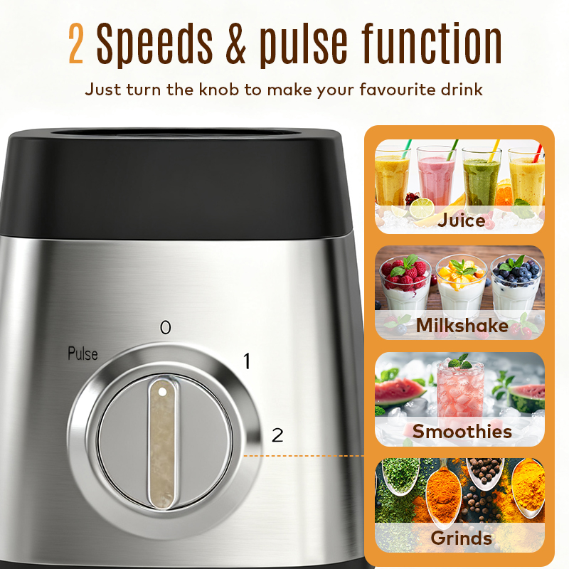 800 W 1,5 L Comptoir de table 2 vitesses Corps en acier inoxydable 6 lames en verre Smoothies électriques Shakes Broyage de glace Presse-agrumes Broyage Robot culinaire Mélangeur domestique